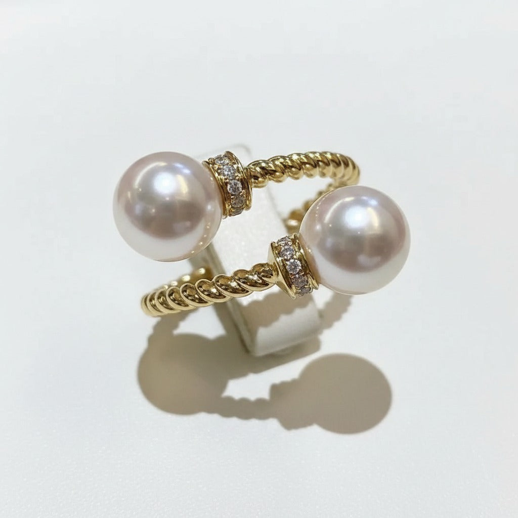 Double Pearl Twisted Gold Open Band Ring – Crystal