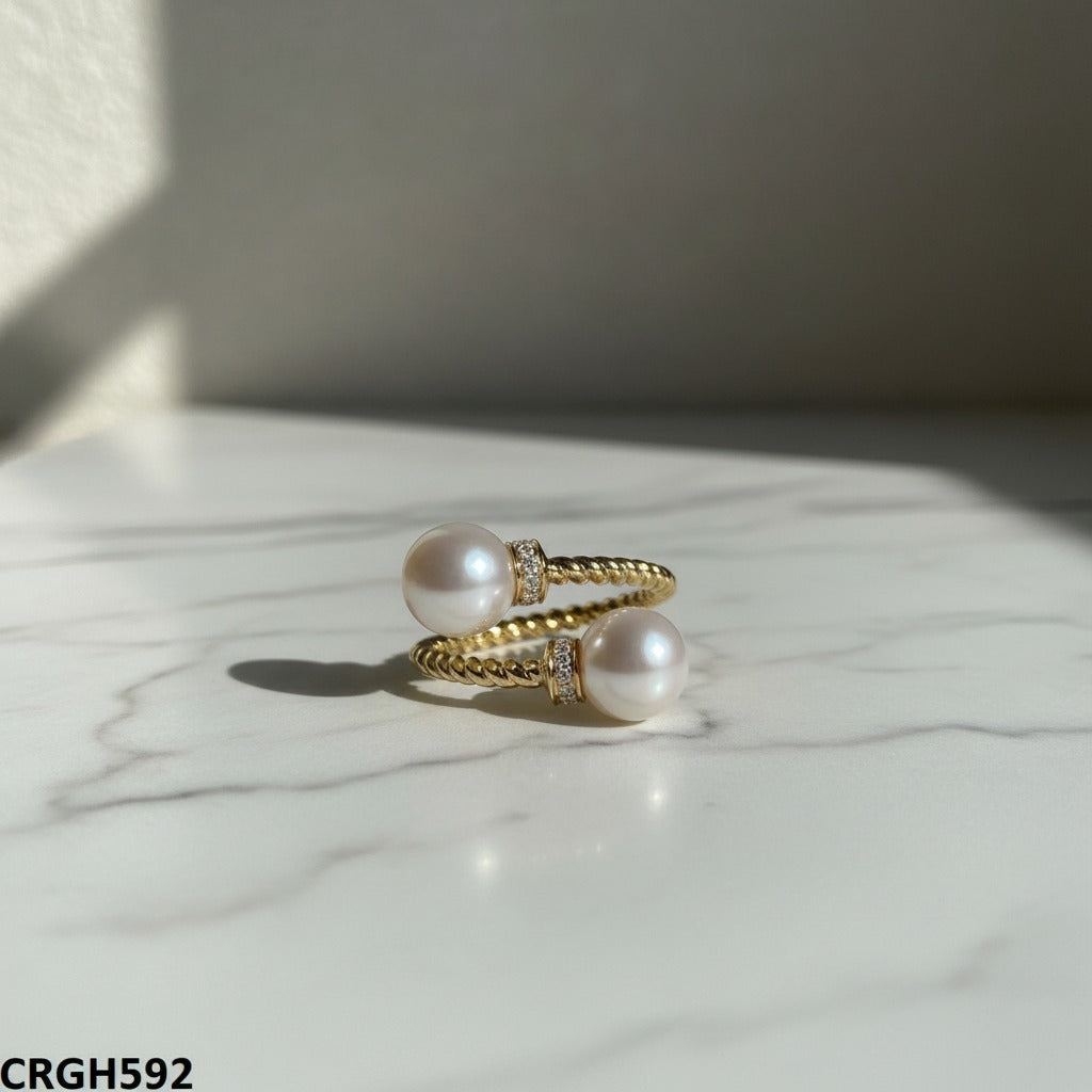 Double Pearl Twisted Gold Open Band Ring – Crystal