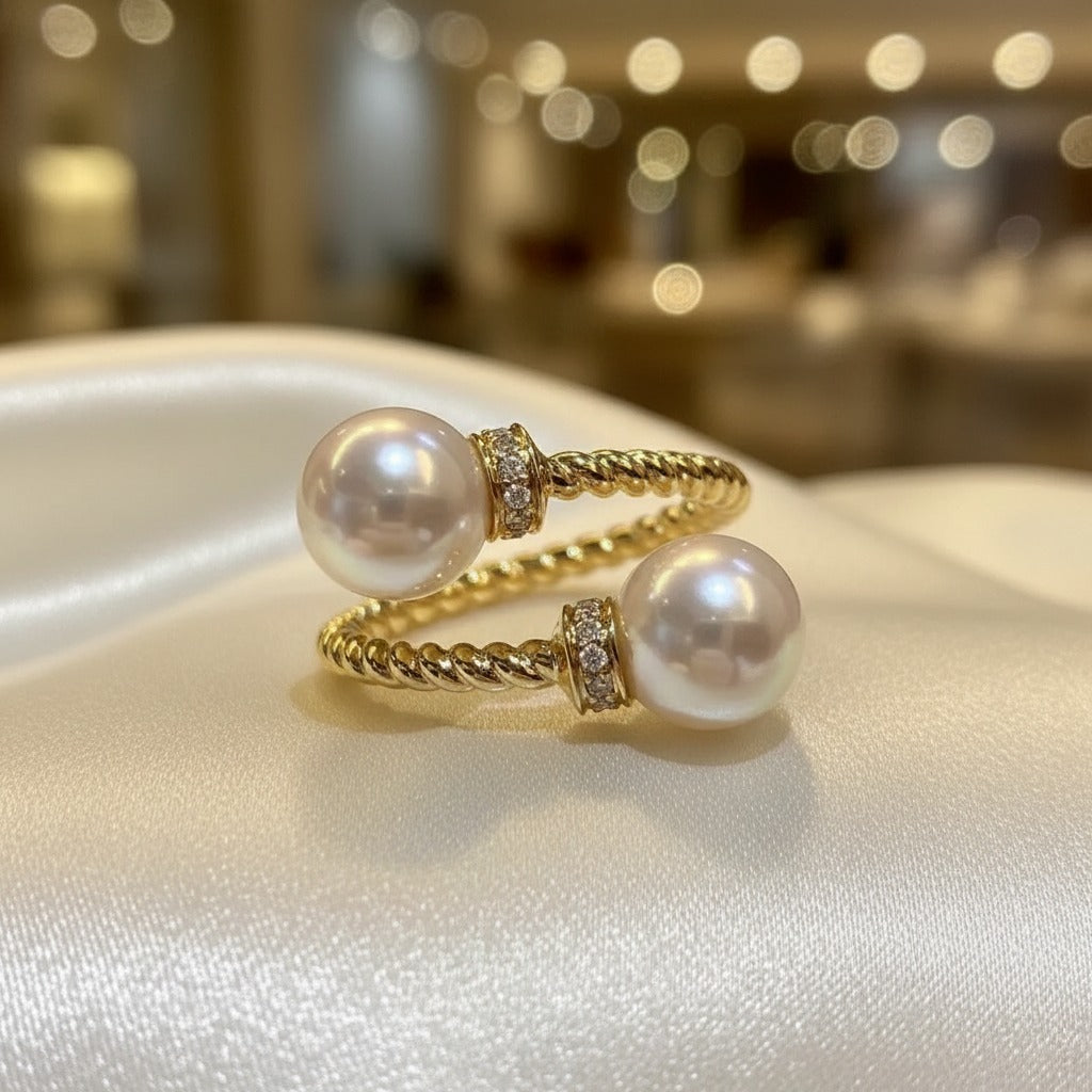 Double Pearl Twisted Gold Open Band Ring – Crystal