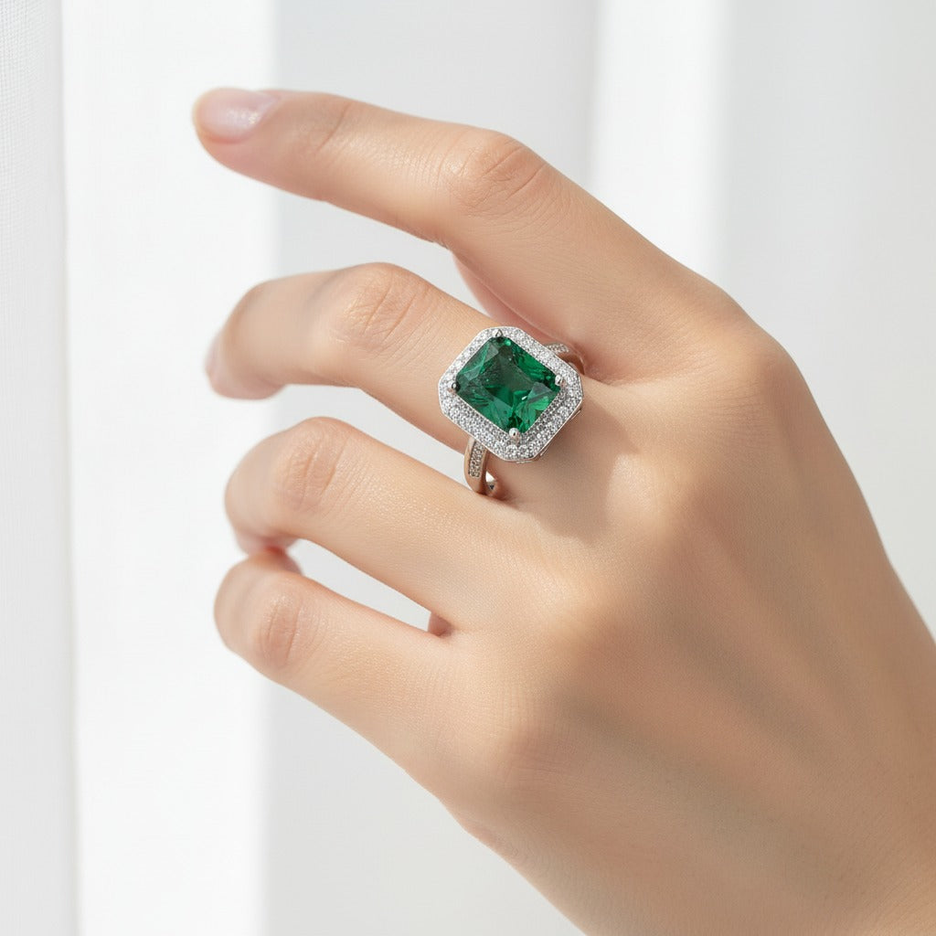 Multi Emerald-Cut Gemstone Halo Ring – Silver Pavé, Adjustable