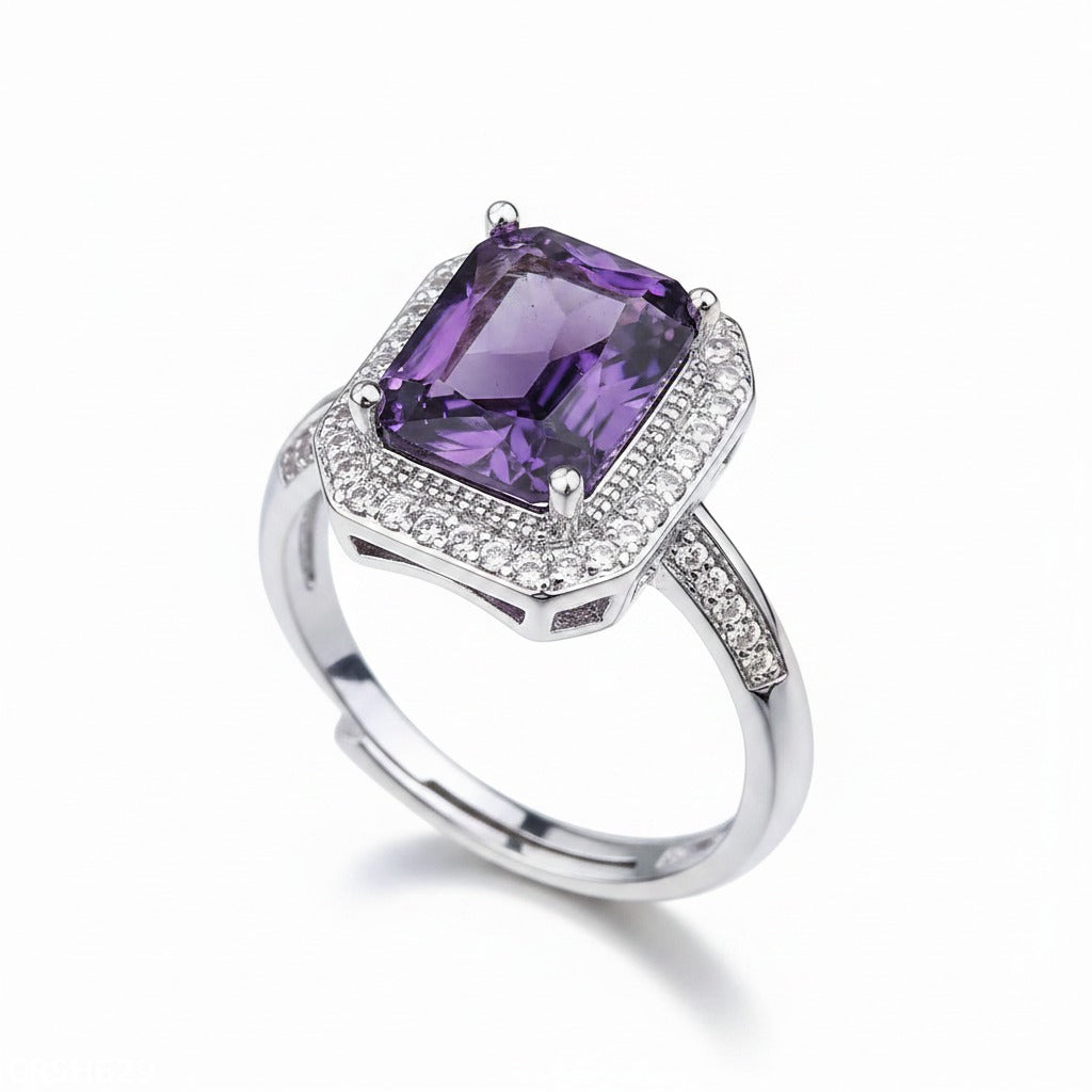 Multi Emerald-Cut Gemstone Halo Ring – Silver Pavé, Adjustable