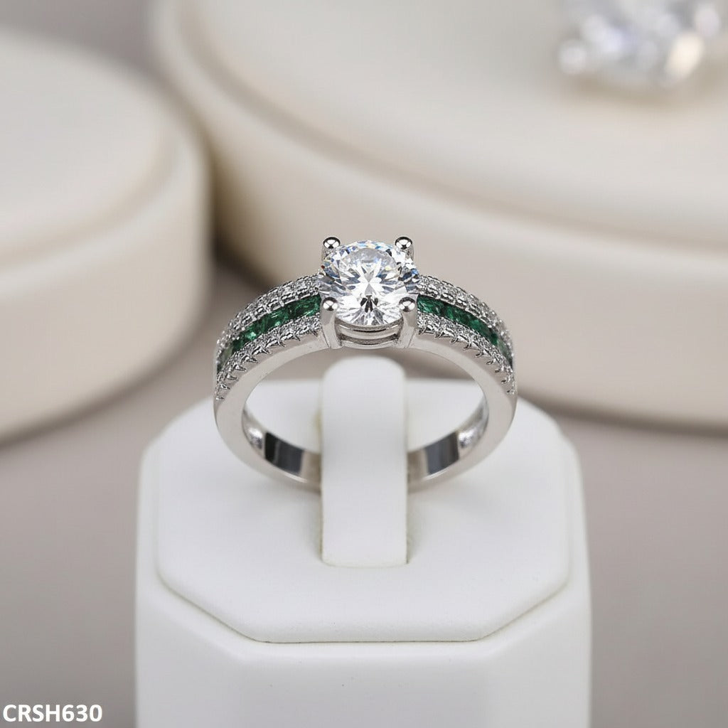 Round CZ Solitaire Ring – Emerald Channel & Pavé Band