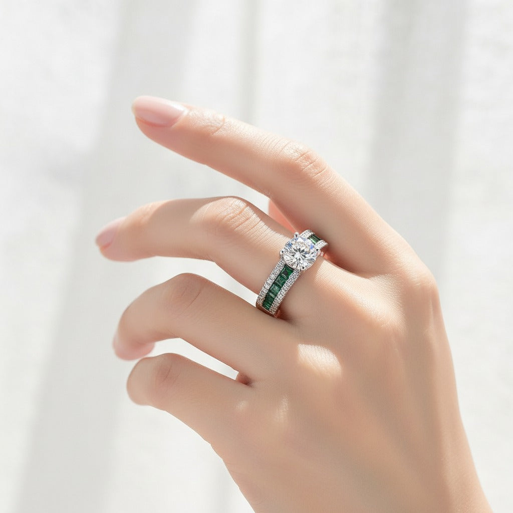 Round CZ Solitaire Ring – Emerald Channel & Pavé Band