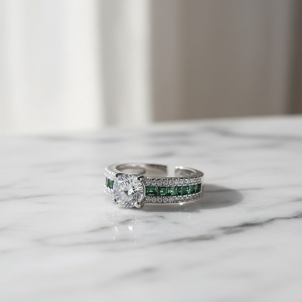 Round CZ Solitaire Ring – Emerald Channel & Pavé Band
