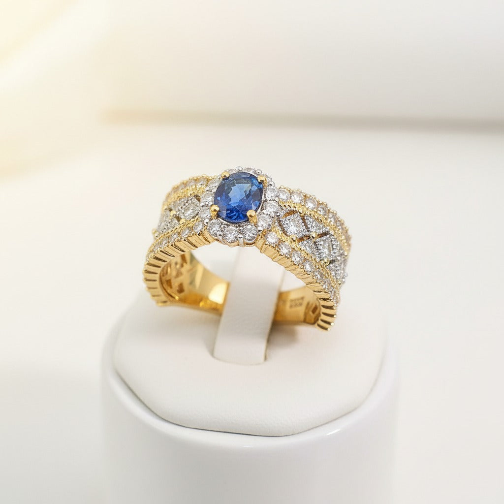 Oval Blue Sapphire Halo Ring – Gold Diamond Lattice Band