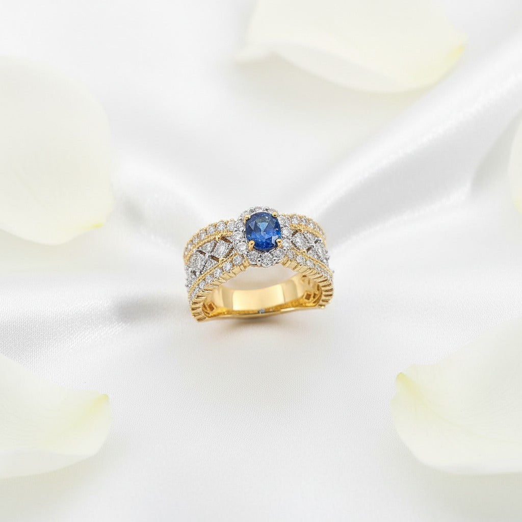 Oval Blue Sapphire Halo Ring – Gold Diamond Lattice Band