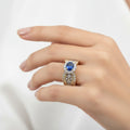 Oval Blue Sapphire Halo Ring – Gold Diamond Lattice Band