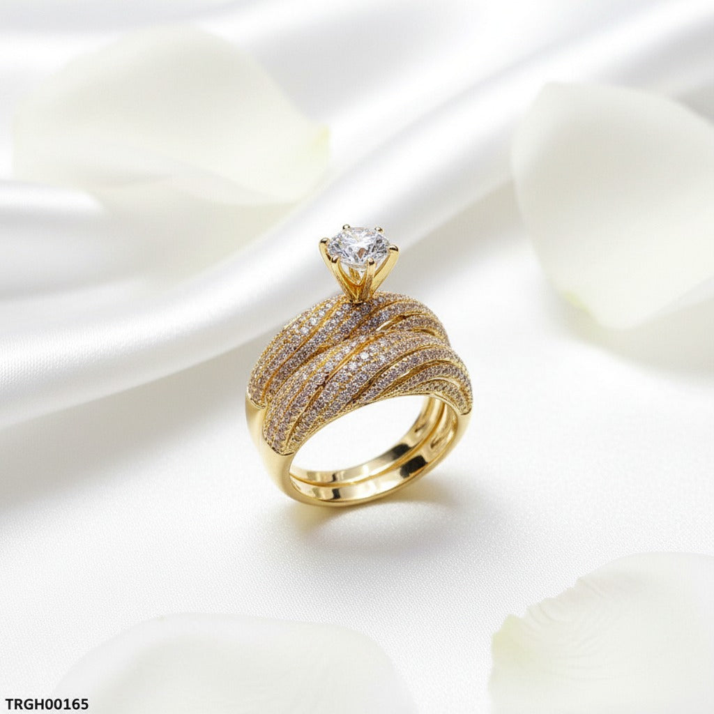 Solitaire CZ Bridal Ring Set – Gold Twisted Pavé Band