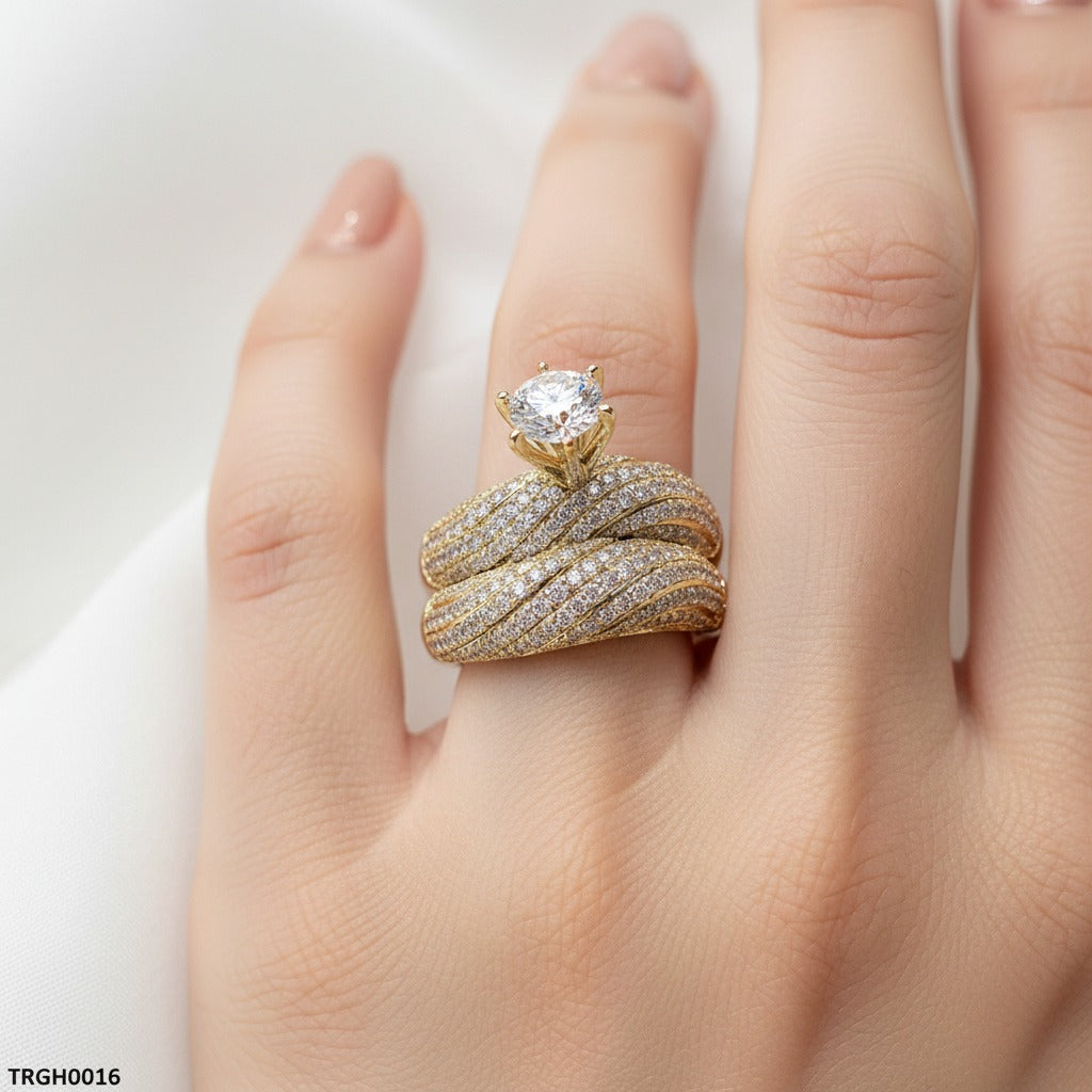 Solitaire CZ Bridal Ring Set – Gold Twisted Pavé Band