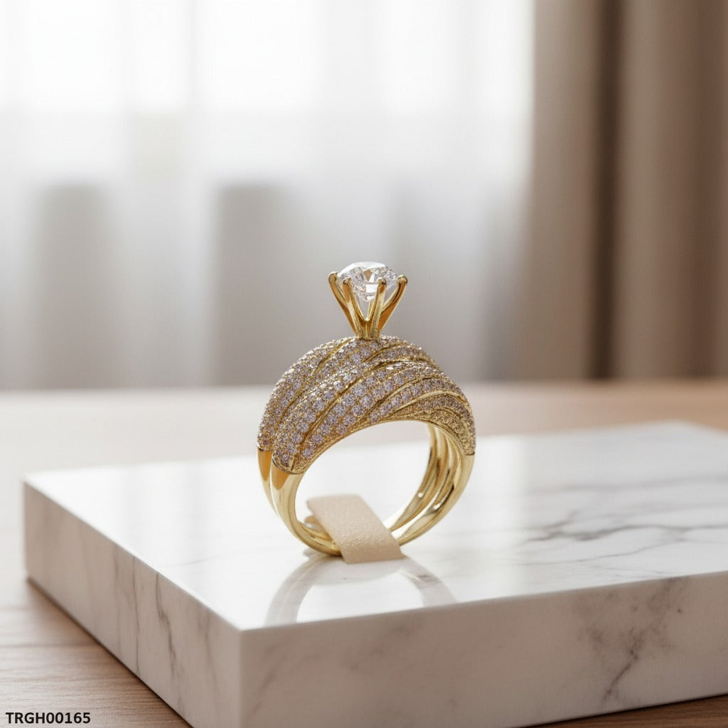 Solitaire CZ Bridal Ring Set – Gold Twisted Pavé Band