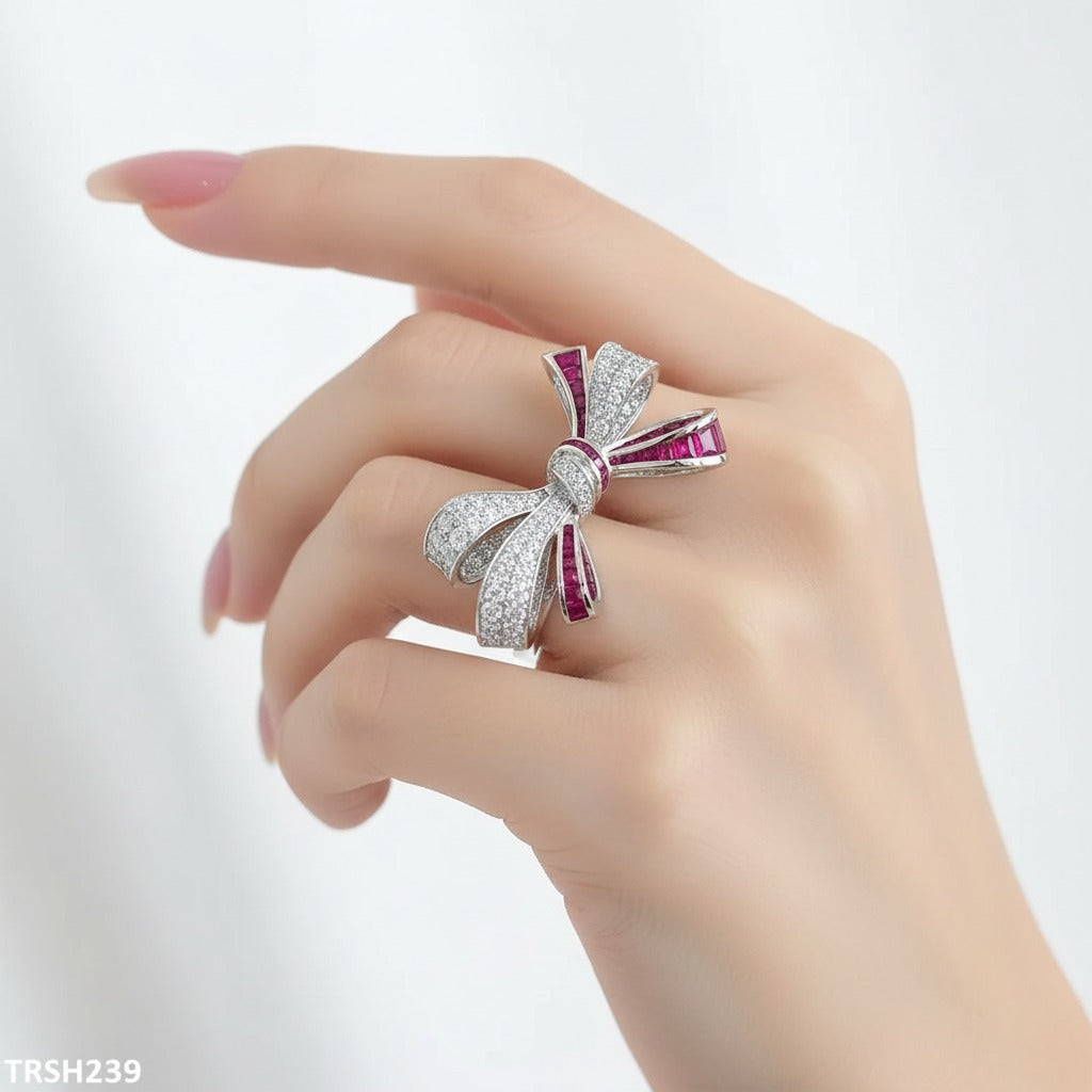 Crimson Ribbon Pavé Ring – Silver & Ruby CZ
