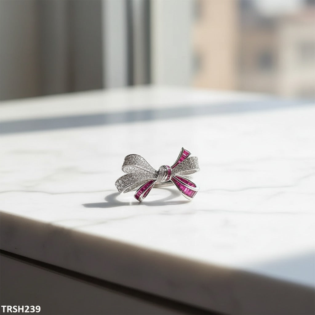 Crimson Ribbon Pavé Ring – Silver & Ruby CZ