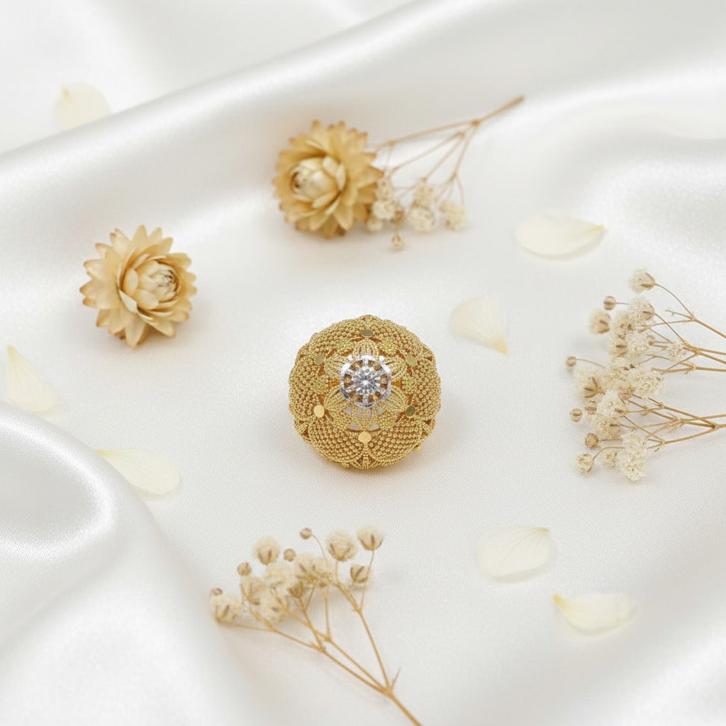 Gold Dome Filigree Ring – CZ Centre & Granulation Work