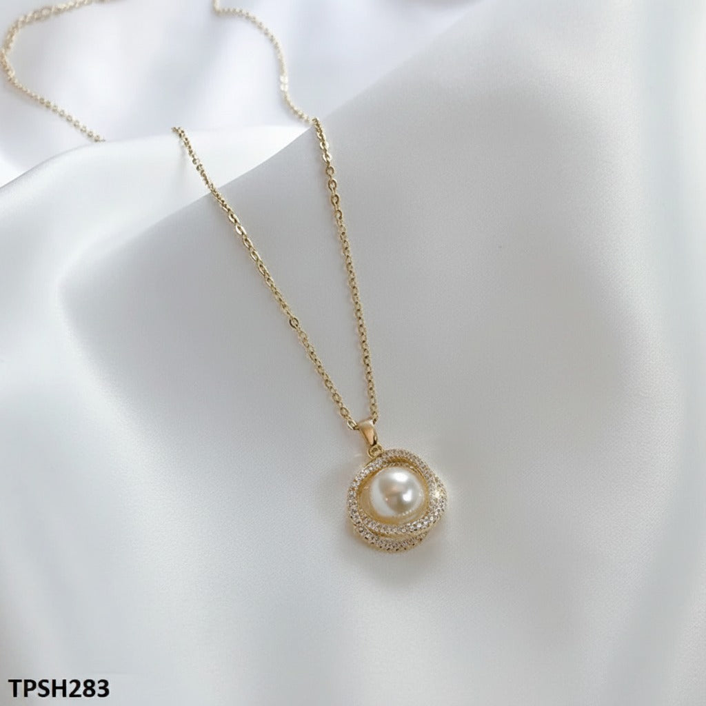 Pearl Orbit Pendant Necklace – Gold CZ Swirl Halo Chain
