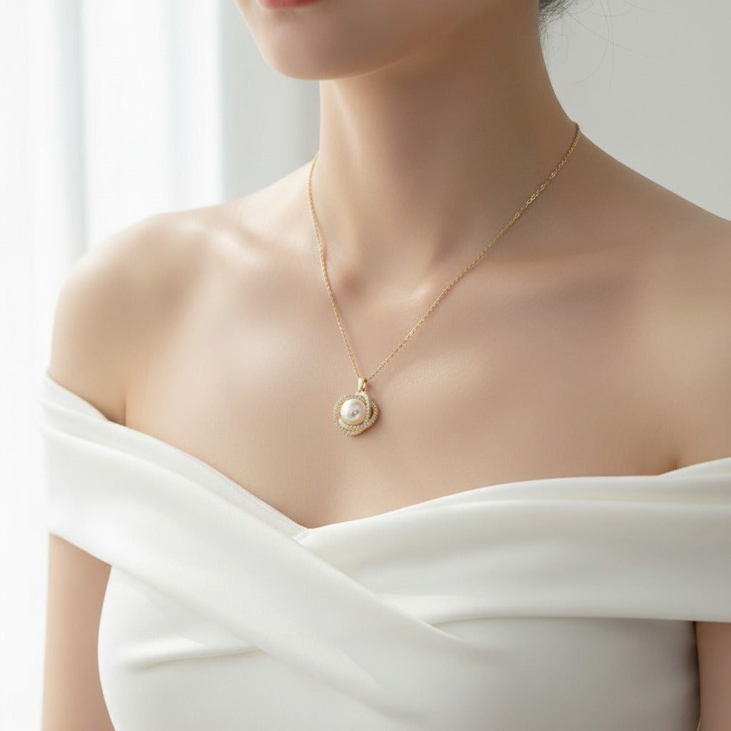 Pearl Orbit Pendant Necklace – Gold CZ Swirl Halo Chain