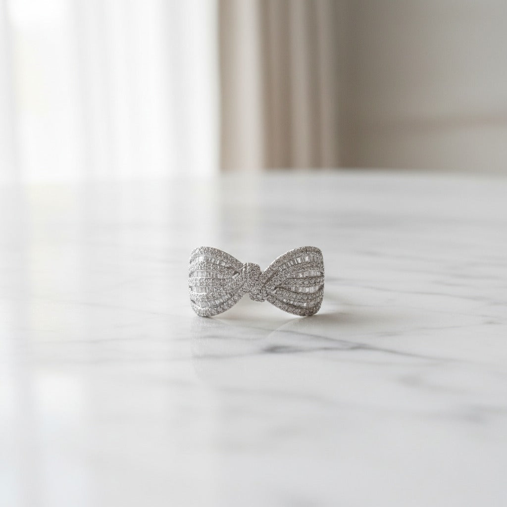 Baguette & Pavé CZ Bow Knot Ring – Silver Statement