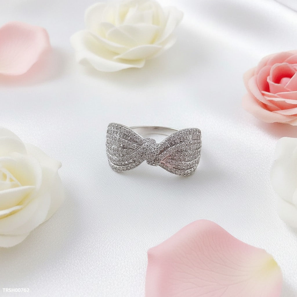 Baguette & Pavé CZ Bow Knot Ring – Silver Statement