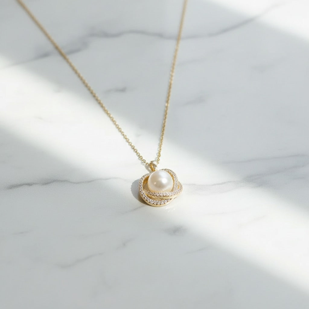 Pearl Orbit Pendant Necklace – Gold CZ Swirl Halo Chain