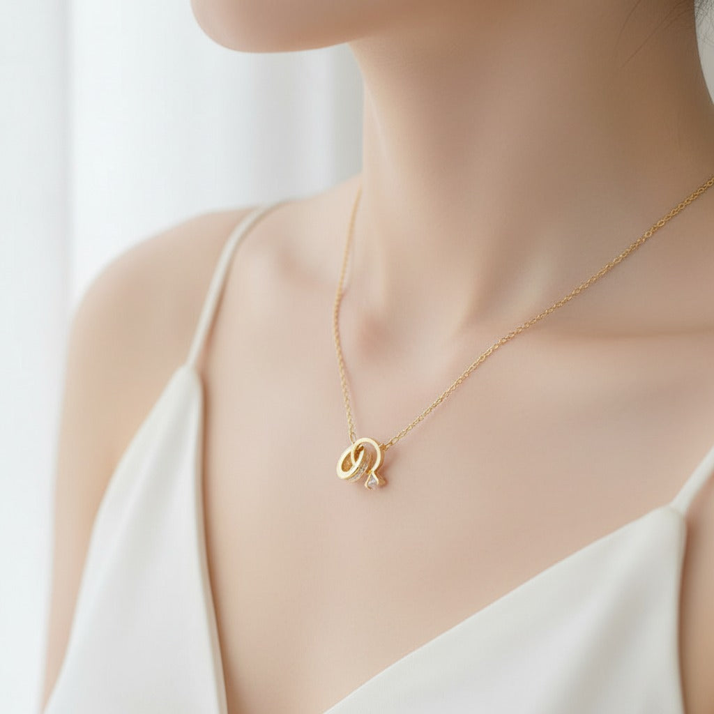 Interlocked Ring & CZ Drop Pendant Necklace – Gold