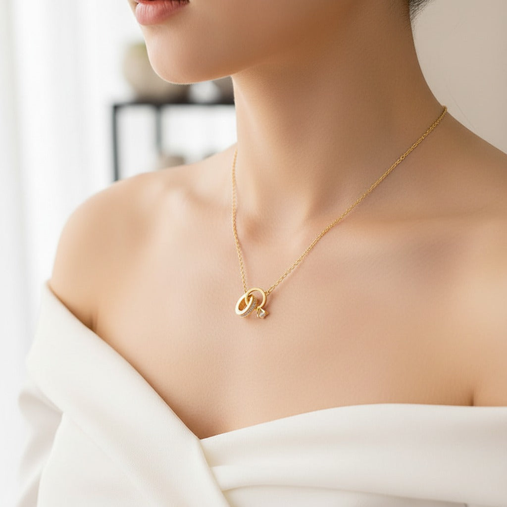 Interlocked Ring & CZ Drop Pendant Necklace – Gold