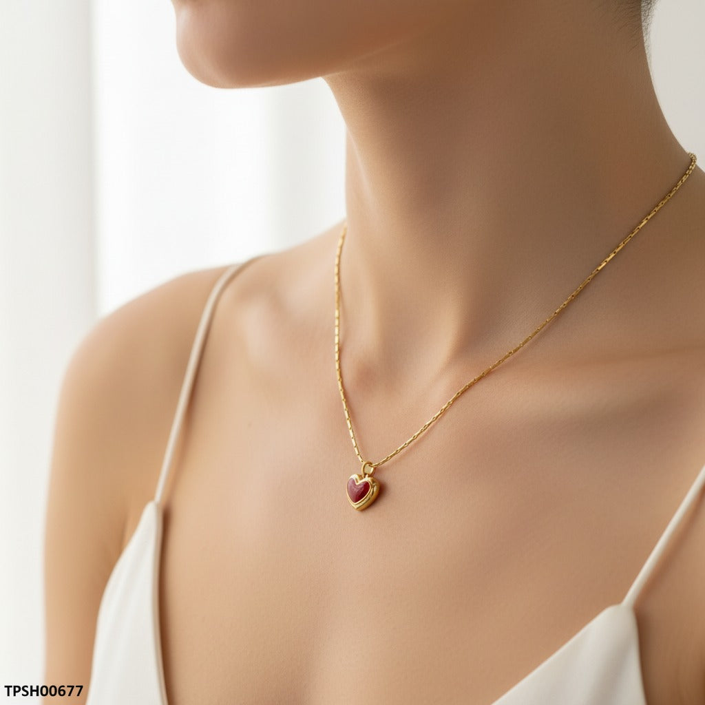 Scarlet Enamel Heart Charm Necklace – Gold Box Chain