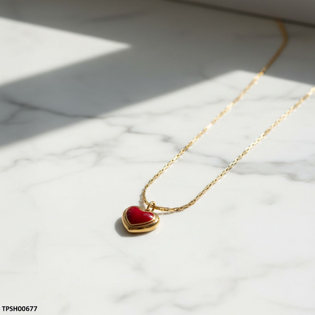 Scarlet Enamel Heart Charm Necklace – Gold Box Chain