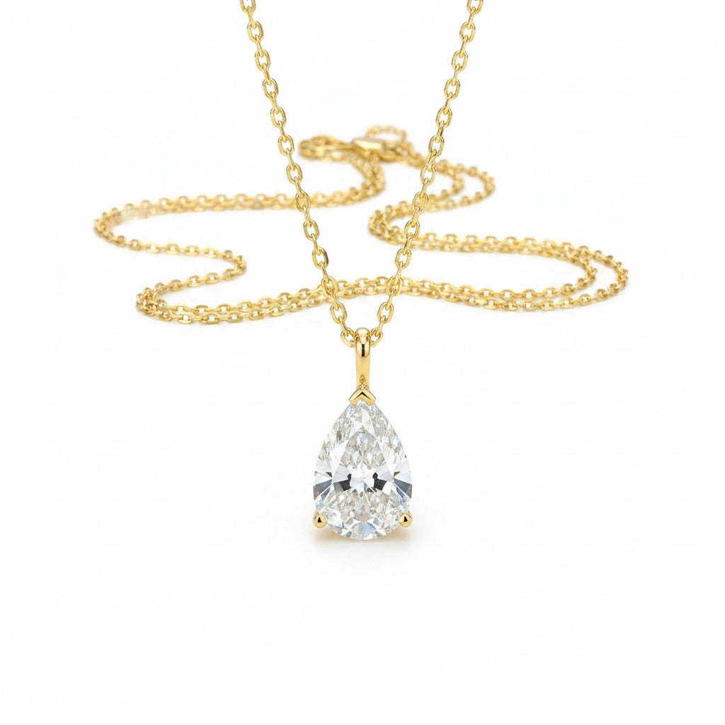 Pear-Cut Solitaire CZ Drop Necklace – Gold Rolo Chain