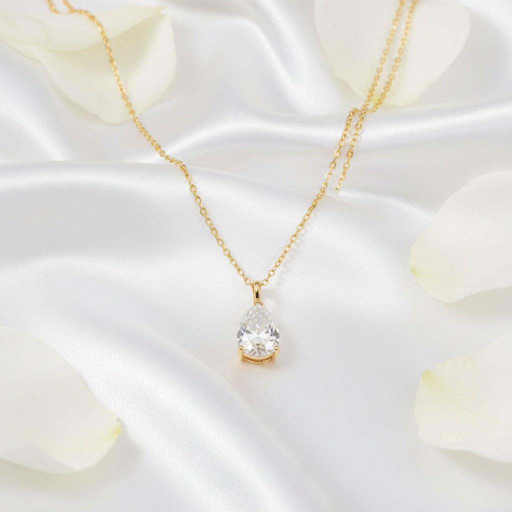 Pear-Cut Solitaire CZ Drop Necklace – Gold Rolo Chain