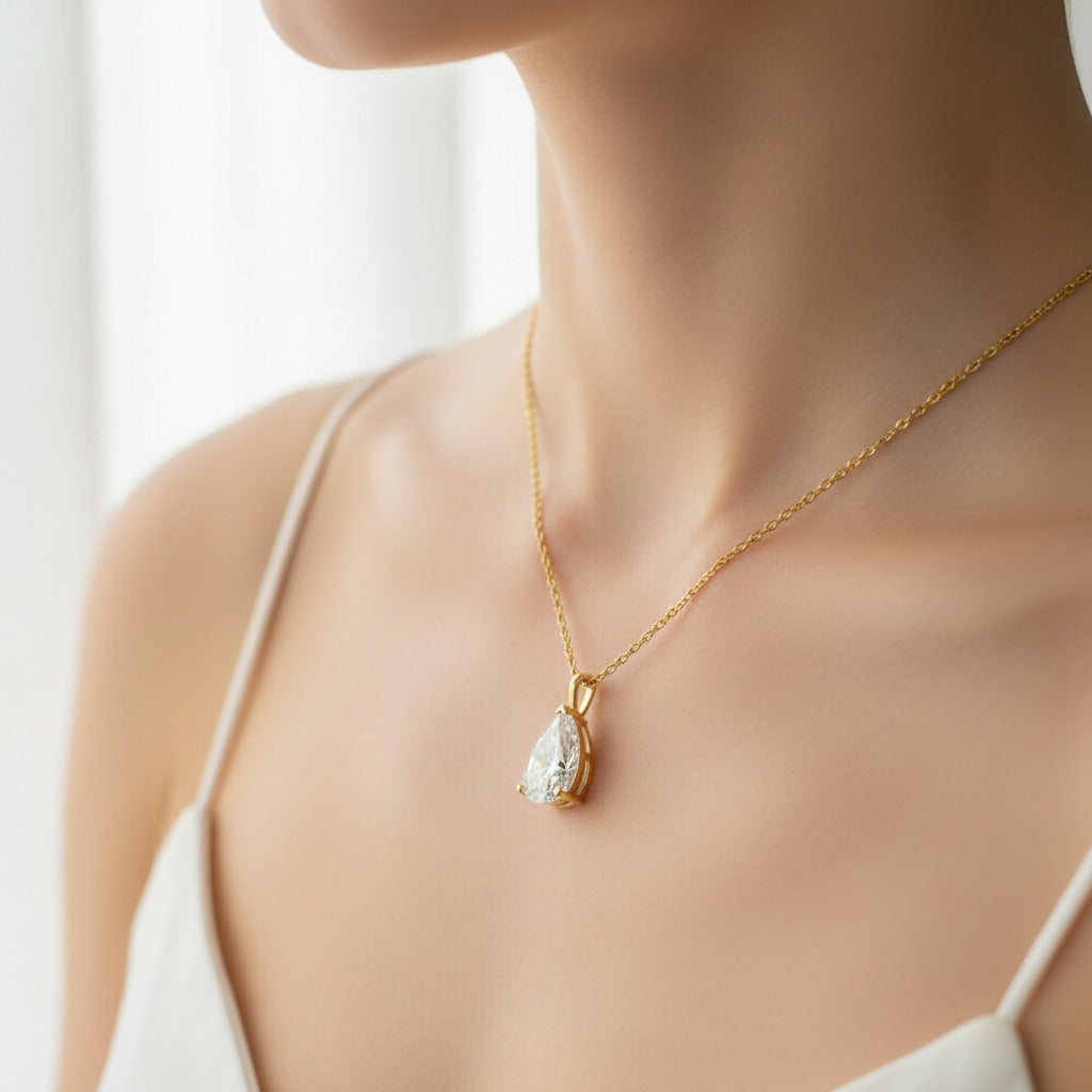 Pear-Cut Solitaire CZ Drop Necklace – Gold Rolo Chain