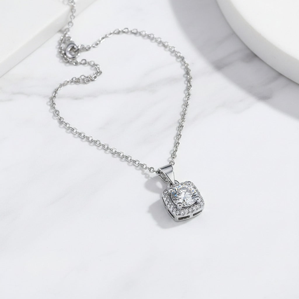 Cushion Halo CZ Solitaire Pendant Necklace – Silver Rolo Chain