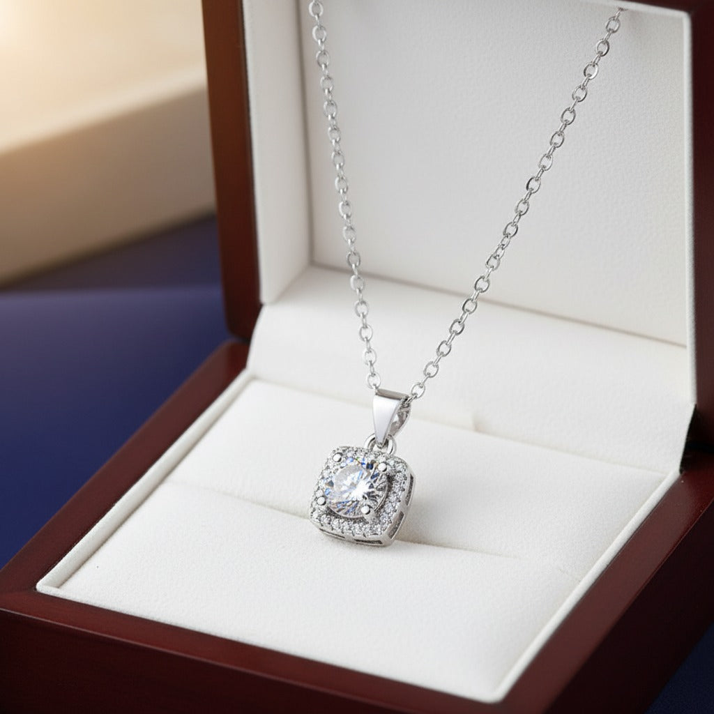 Cushion Halo CZ Solitaire Pendant Necklace – Silver Rolo Chain