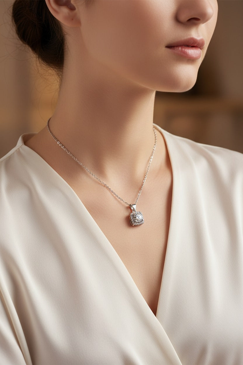Cushion Halo CZ Solitaire Pendant Necklace – Silver Rolo Chain