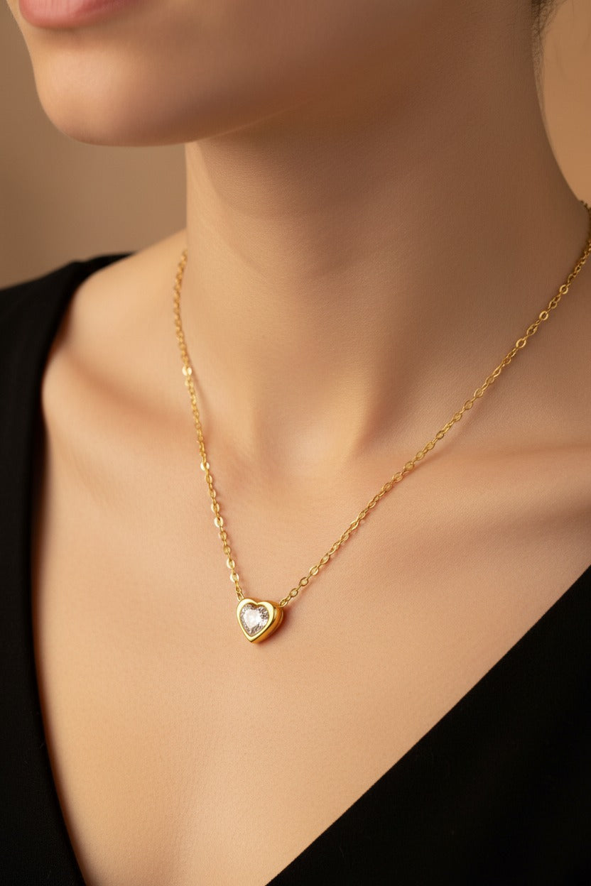 Bezel-Set Heart CZ Solitaire Necklace – Gold Cable Chain