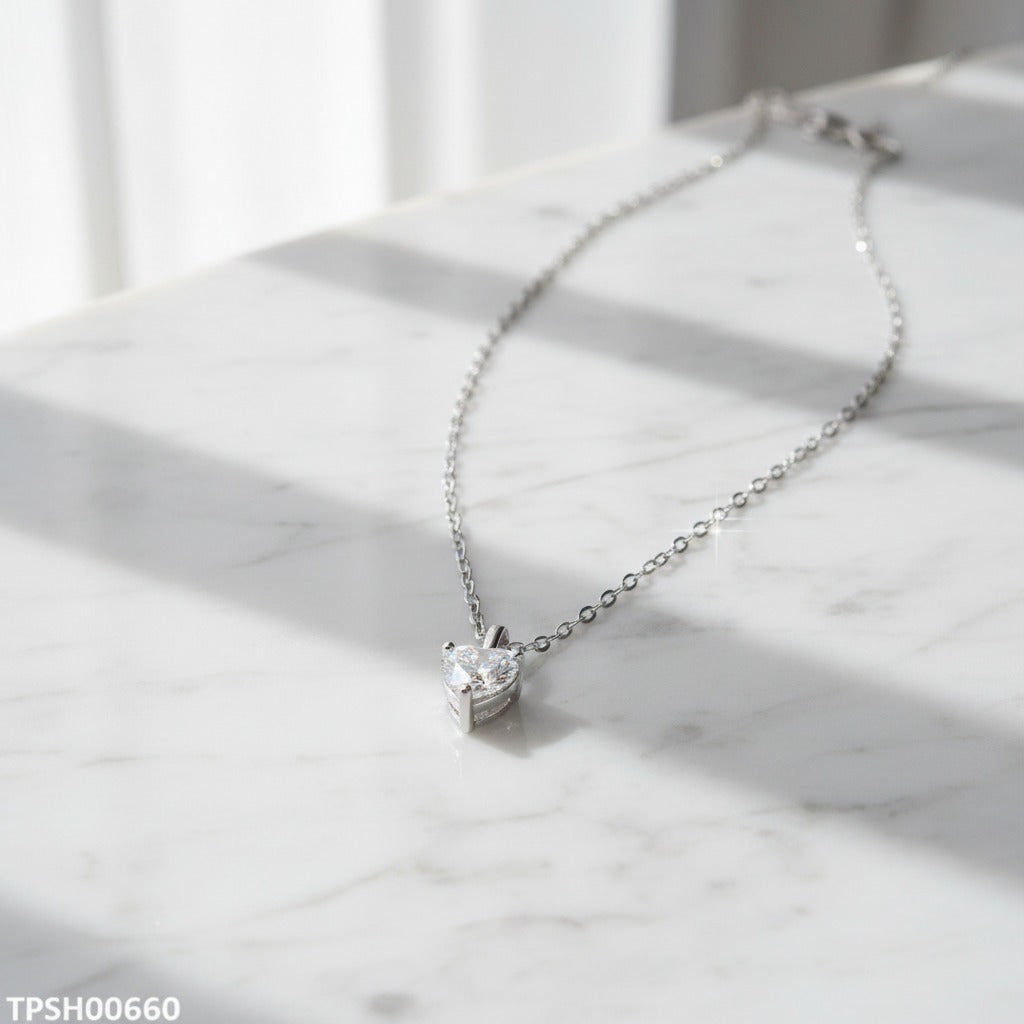 Prong-Set Heart CZ Solitaire Necklace – Silver Cable Chain