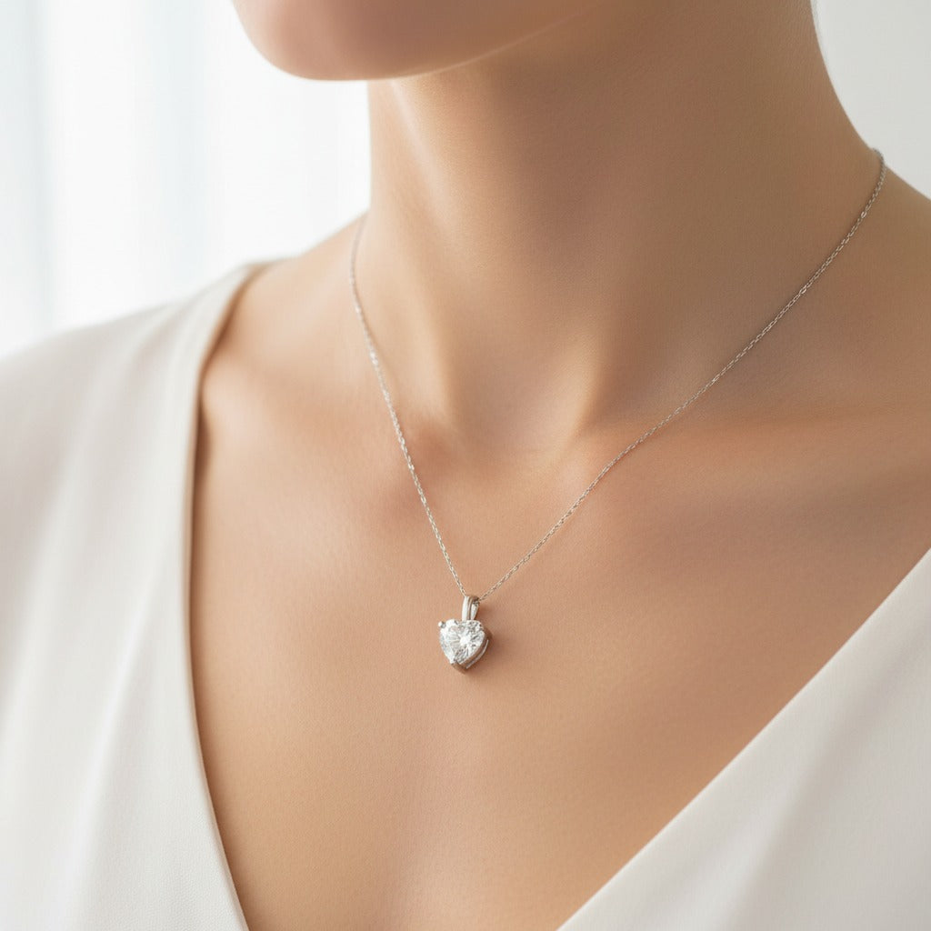 Prong-Set Heart CZ Solitaire Necklace – Silver Cable Chain