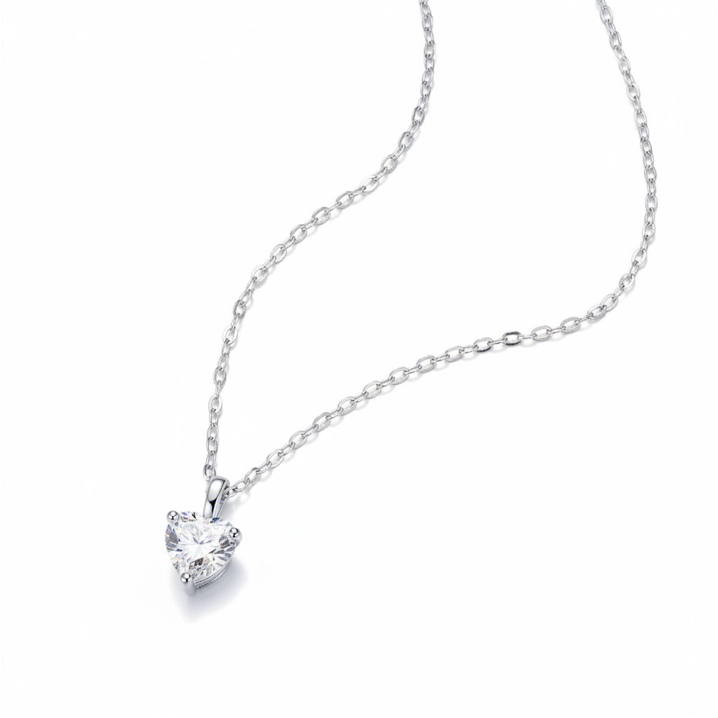Prong-Set Heart CZ Solitaire Necklace – Silver Cable Chain