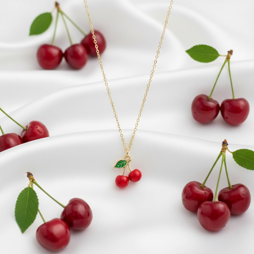 Red Cherry Enamel Charm Necklace – Gold Cable Chain