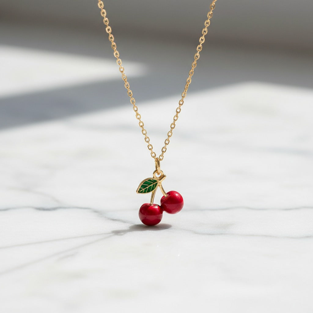 Red Cherry Enamel Charm Necklace – Gold Cable Chain