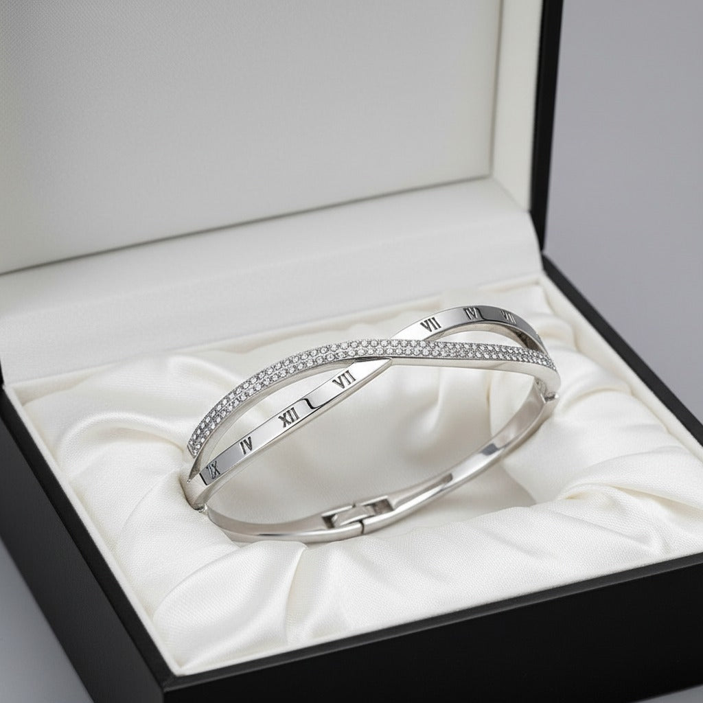 Roman Numeral Crossover Pavé CZ Bangle – Gold & Silver Cuff