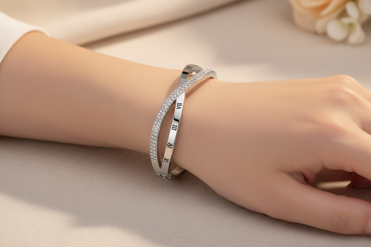 Roman Numeral Crossover Pavé CZ Bangle – Gold & Silver Cuff