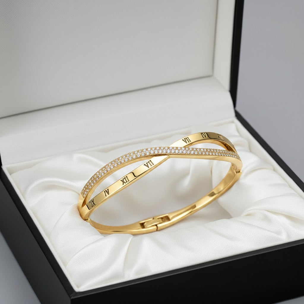 Roman Numeral Crossover Pavé CZ Bangle – Gold & Silver Cuff