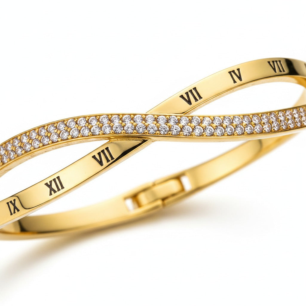 Roman Numeral Crossover Pavé CZ Bangle – Gold & Silver Cuff