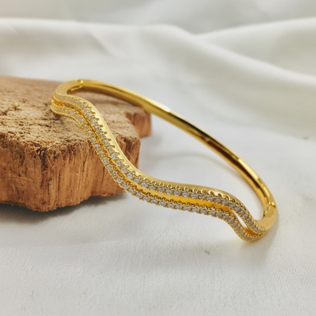 Double Wave Pavé CZ Bangle – Gold & Silver Cuff Bracelet