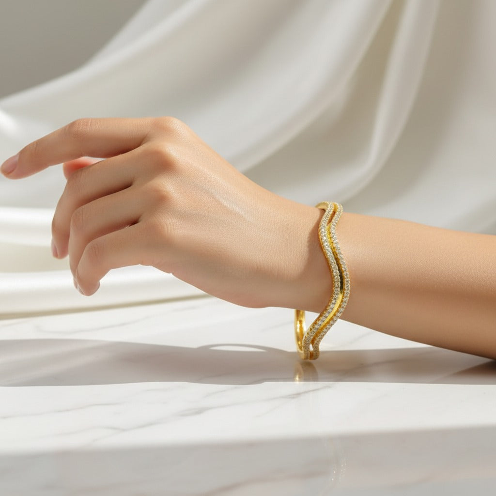 Double Wave Pavé CZ Bangle – Gold & Silver Cuff Bracelet