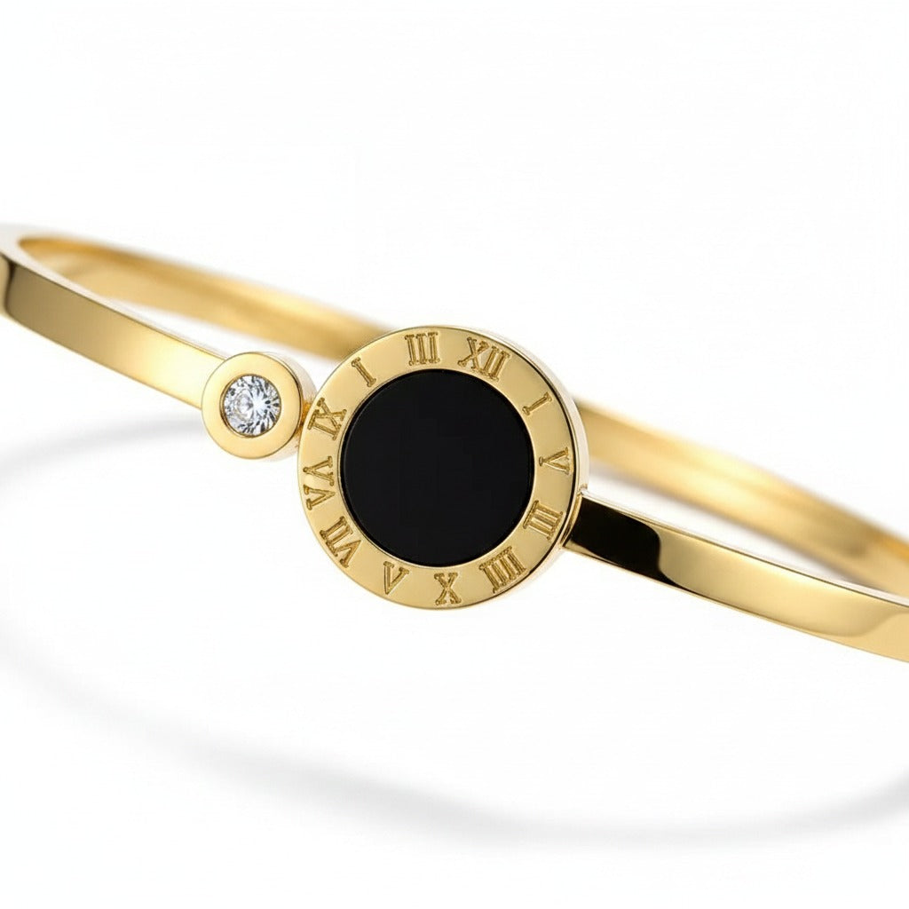 Black Onyx Roman Numeral Disc Bangle – Gold & Silver Cuff
