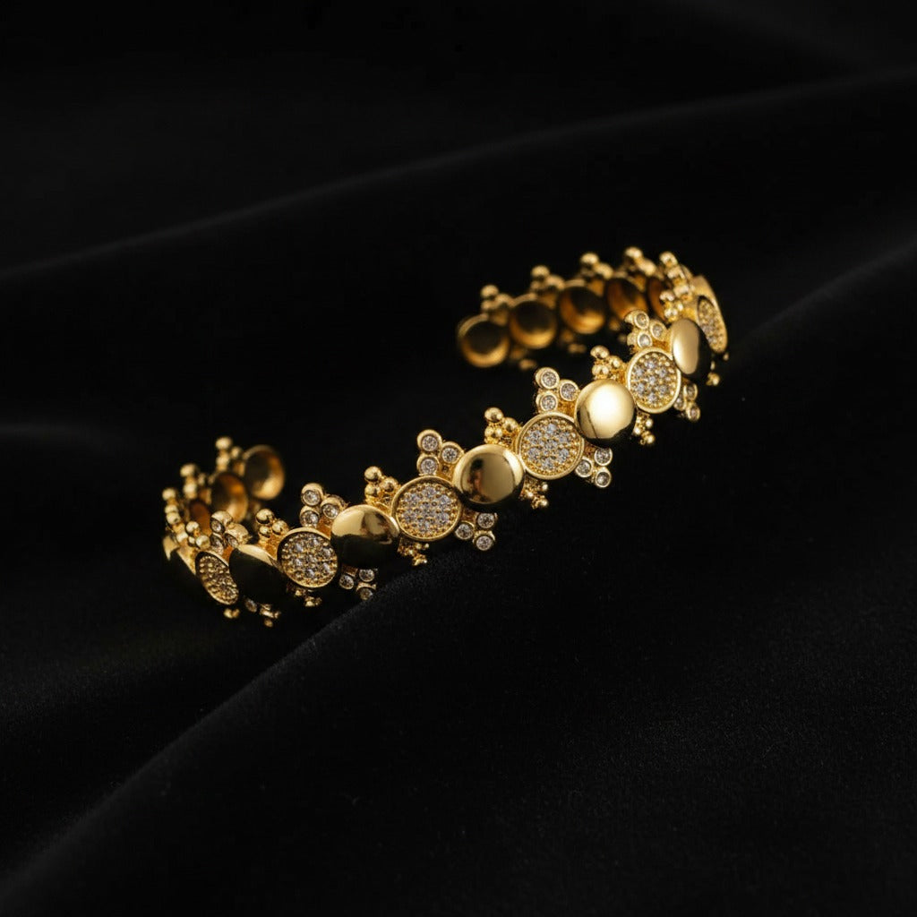Celestial Dome & Pavé CZ Disc Cuff Bangle – Gold & Silver