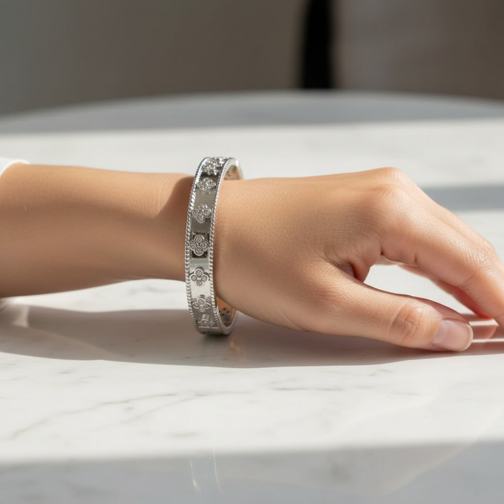 Four-Petal CZ Clover Milgrain Bangle – Gold & Silver Cuff