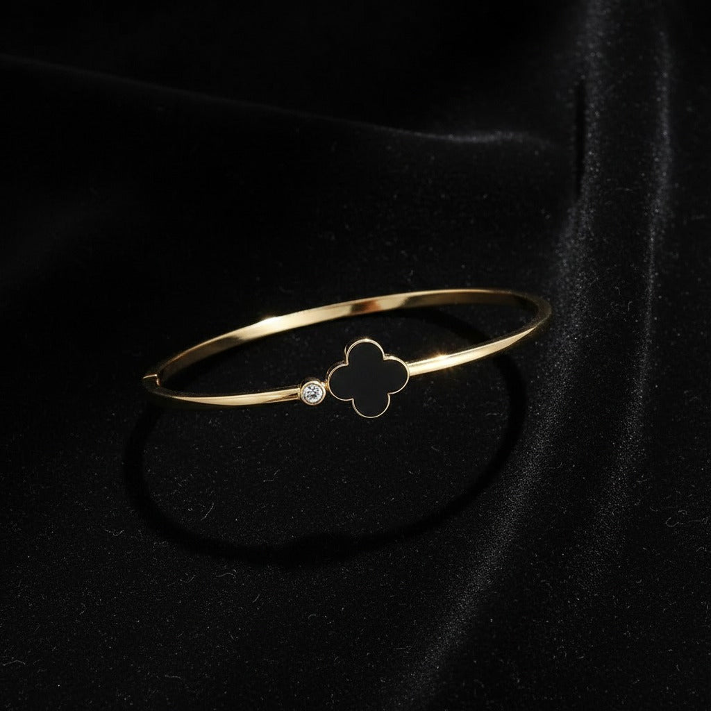 Black Onyx Clover & CZ Solitaire Wire Bangle – Gold & Silver