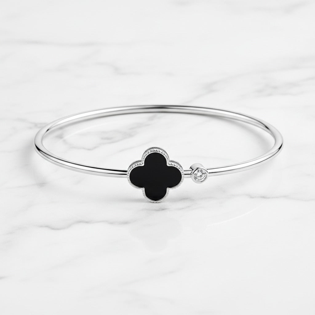Black Onyx Clover & CZ Solitaire Wire Bangle – Gold & Silver