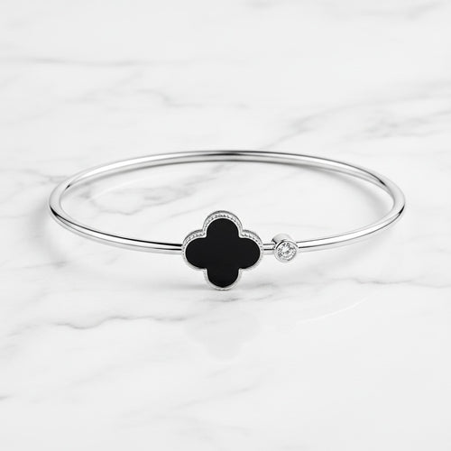 Black Onyx Clover & CZ Solitaire Wire Bangle – Gold & Silver